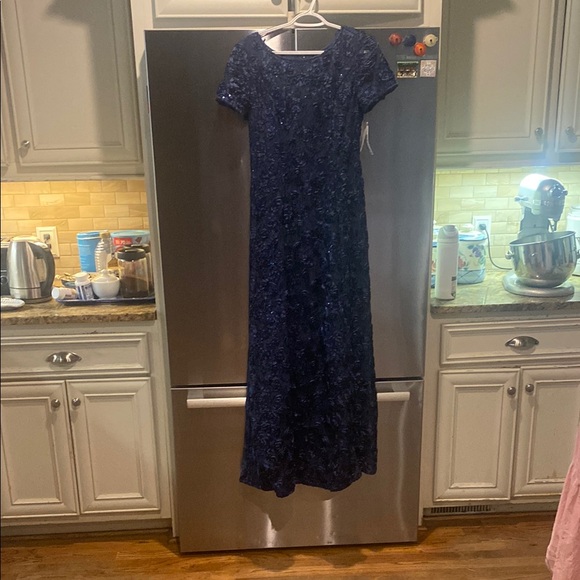 Alex Evenings Blue and White Maxi Gown Crew Neck Short...